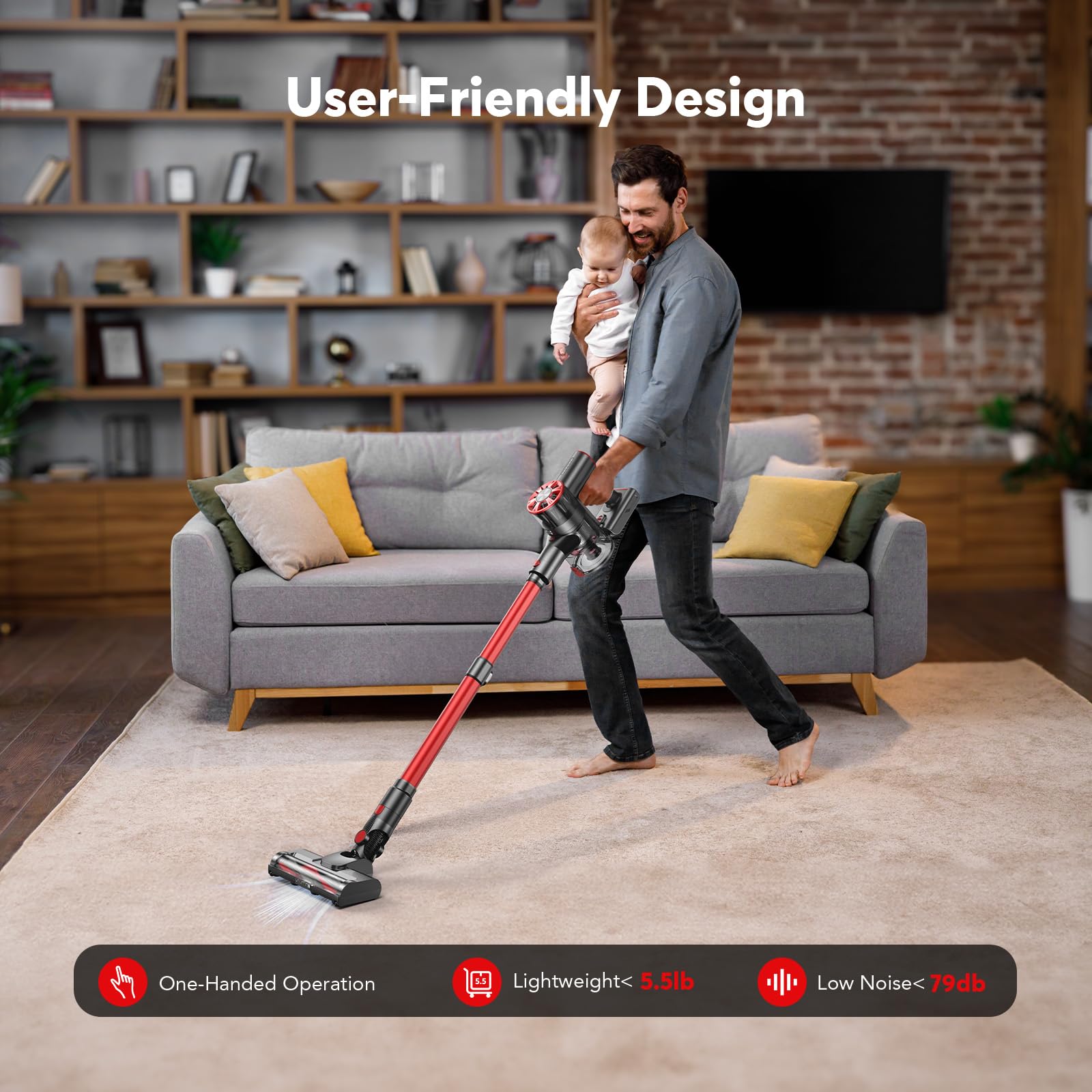 Cordless Vacuum Cleaner, 80,000PRM Stick Vacuum with 2 Powerful Suction Modes, Max 40 Mins Runtime, Protable 2600mAh Rechargeable Battery Vacuum Cleaner for Home (Pale Pink)
