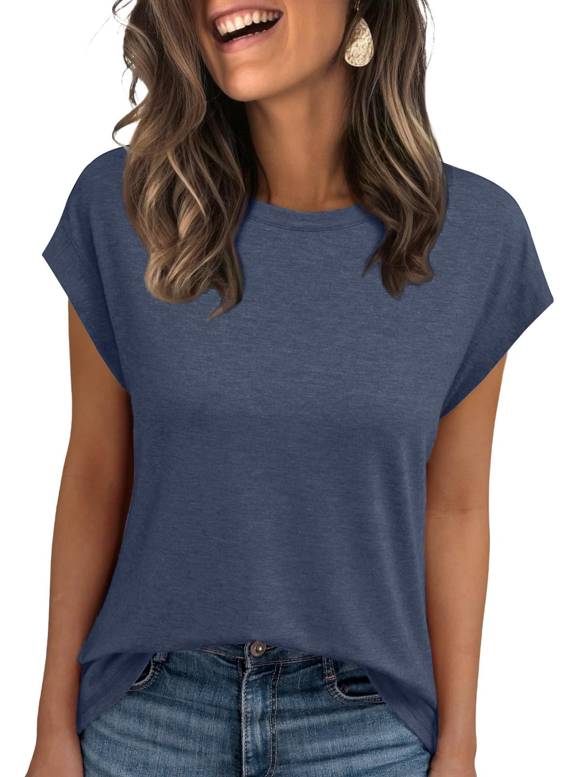 isermeo Womens Summer Tops Cap Sleeve T Shirts Crew Neck Outfits Cute Trendy Tunic Blouses 2026 S-XXL