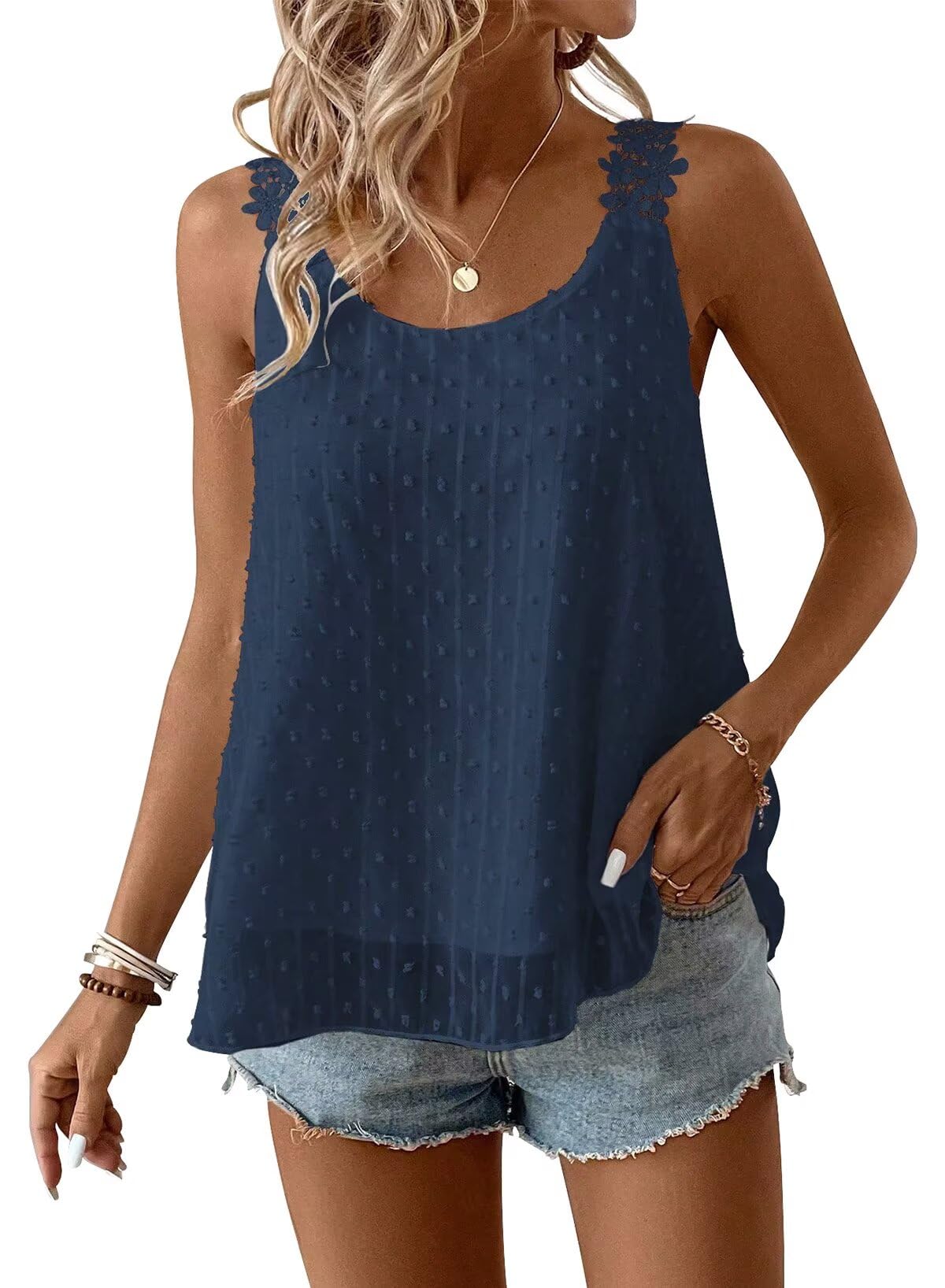 Falechay Womens Tank Tops Flowy Sleeveless Summer Boho Tank Top for Women Crewneck Spaghetti Strap Lace Camisole Shirts
