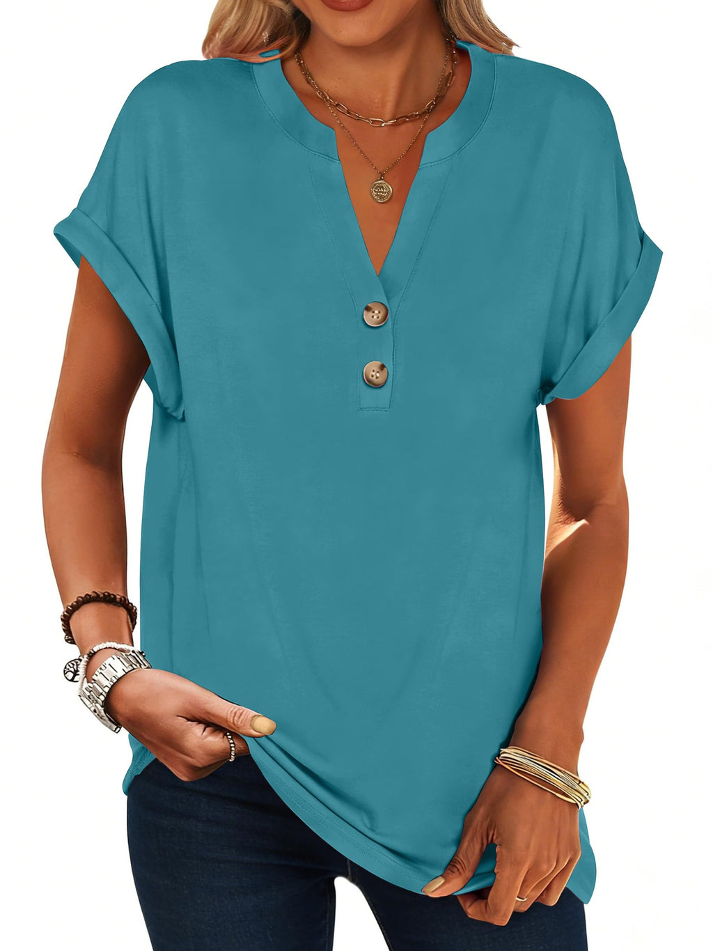 isermeo Womens Short Sleeve Henley Tops V Neck Dressy Casual Blouses Summer Tee Shirts 2026 Trendy Button Clothes S-XXL