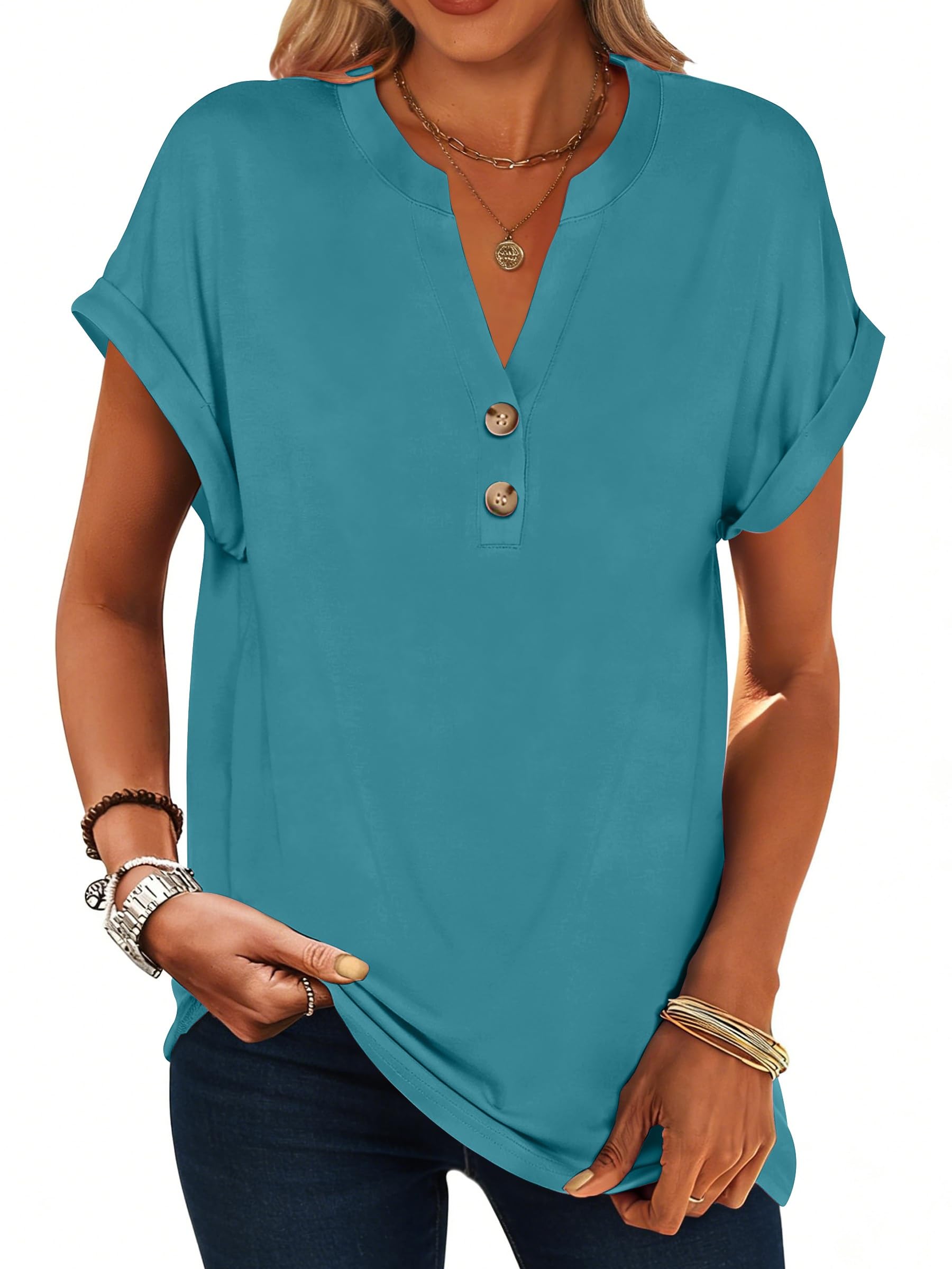 isermeo Womens Short Sleeve Henley Tops V Neck Dressy Casual Blouses Summer Tee Shirts 2026 Trendy Button Clothes S-XXL
