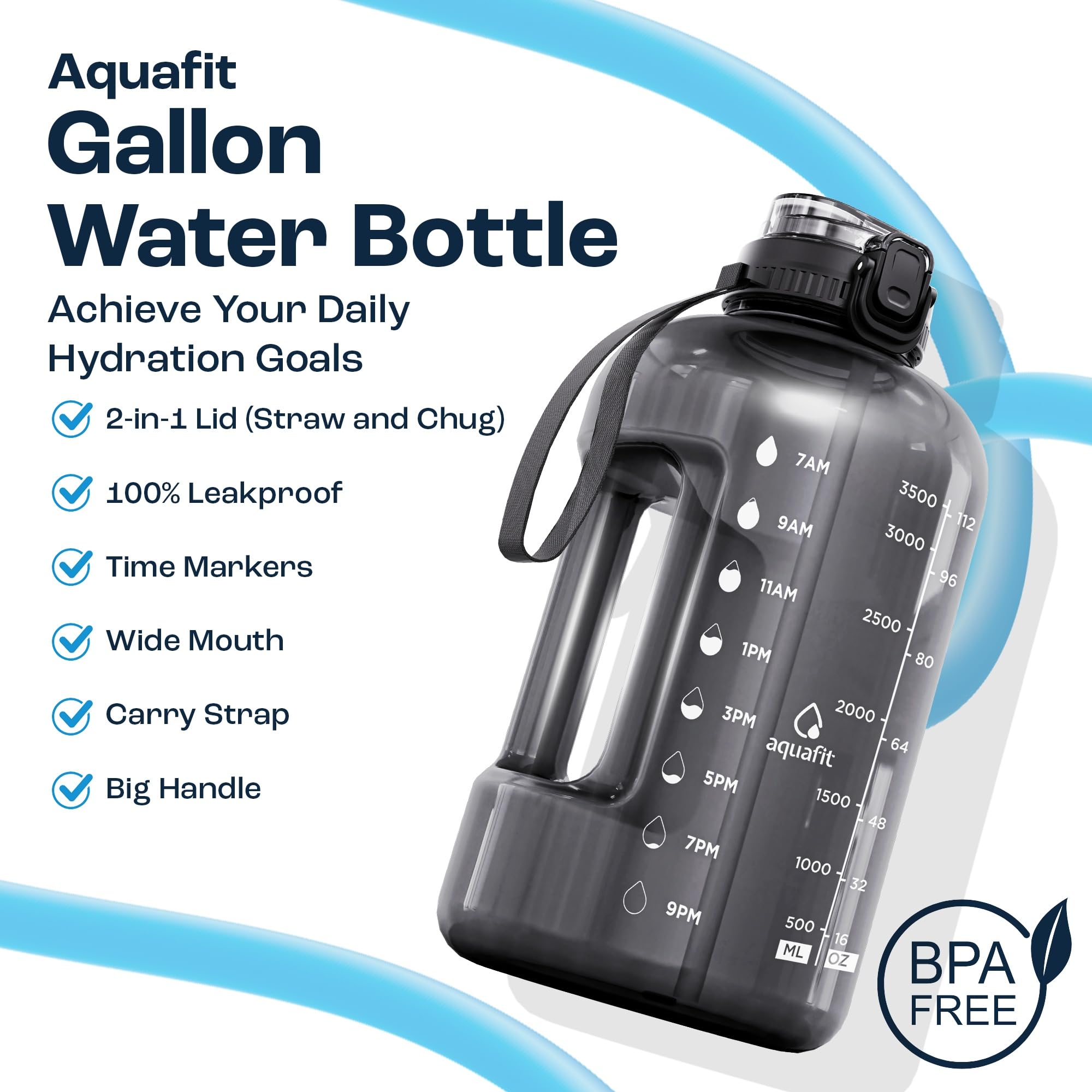 AQUAFIT 1 Gallon Water Bottle with Straw - 4l Water Bottle Time Marker - Motivational Gym Water Bottles 4l - 4 litre Water Bottles 1 Gallon 128 oz - Big Water Jug Large Water Bottle Gray
