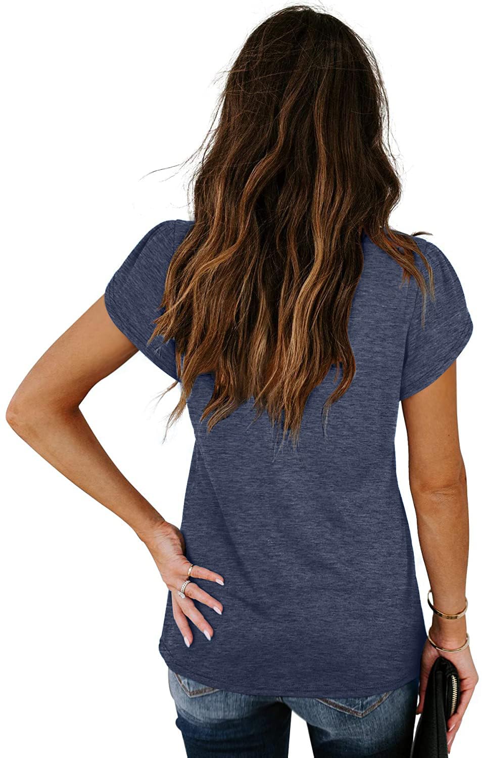 isermeo Womens Summer Tops Sexy V Neck Petal Sleeve Casual Solid Color Tee Tshirts S-XXL