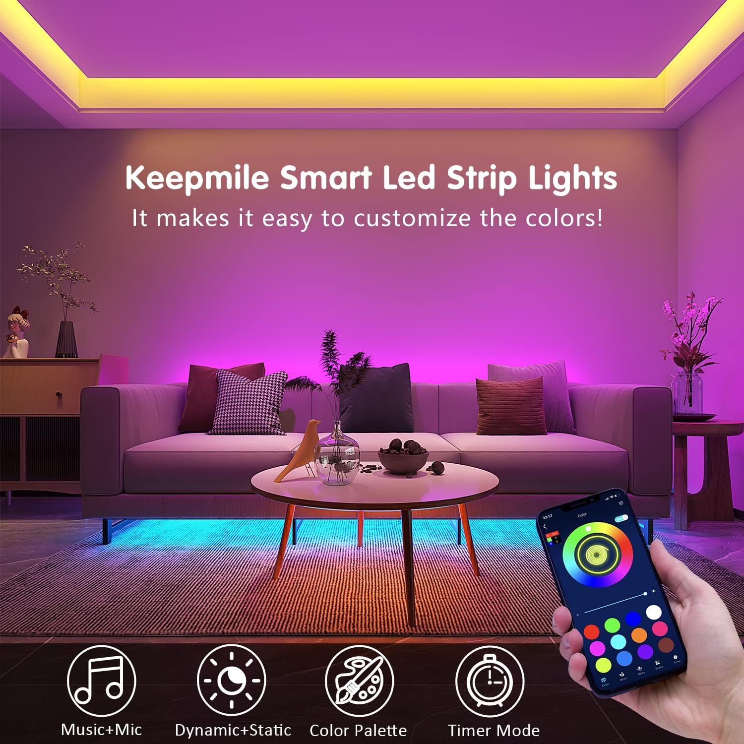 Keepsmile 100ft Led Strip Lights (2 Rolls of 50ft) Bluetooth App Control Led Lights Strip with Remote Music Sync Color Changing RGB Led Lights for Bedroom Room Home Christmas Decor (Lumiere Led 30M)