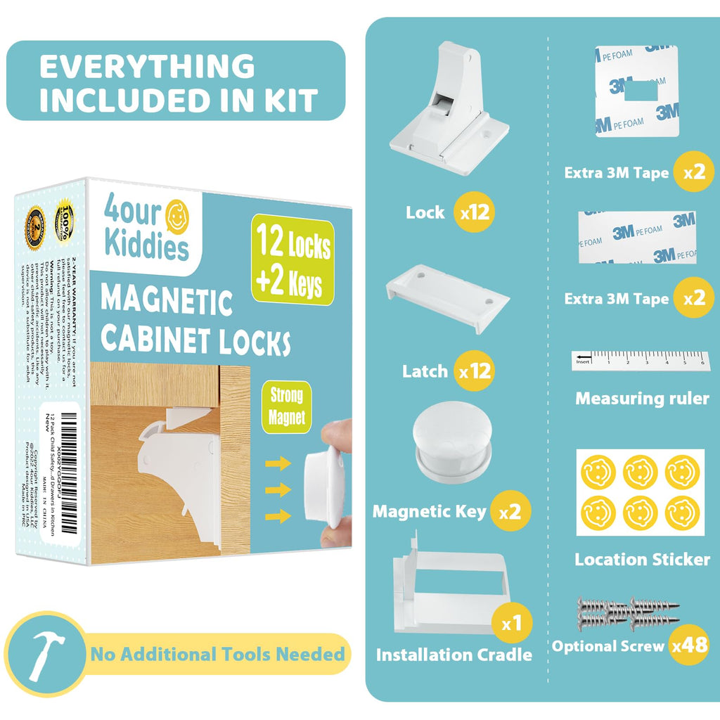 4our Kiddies 12 Pack Child Safety Magnetic Cabinet Locks with 2 Keys, No Drill Baby Proofing Drawer Locks for Baby Safety, Invisible Adhesive Magnetic Cupboard Locks for Kitchen Cabinet and Drawers