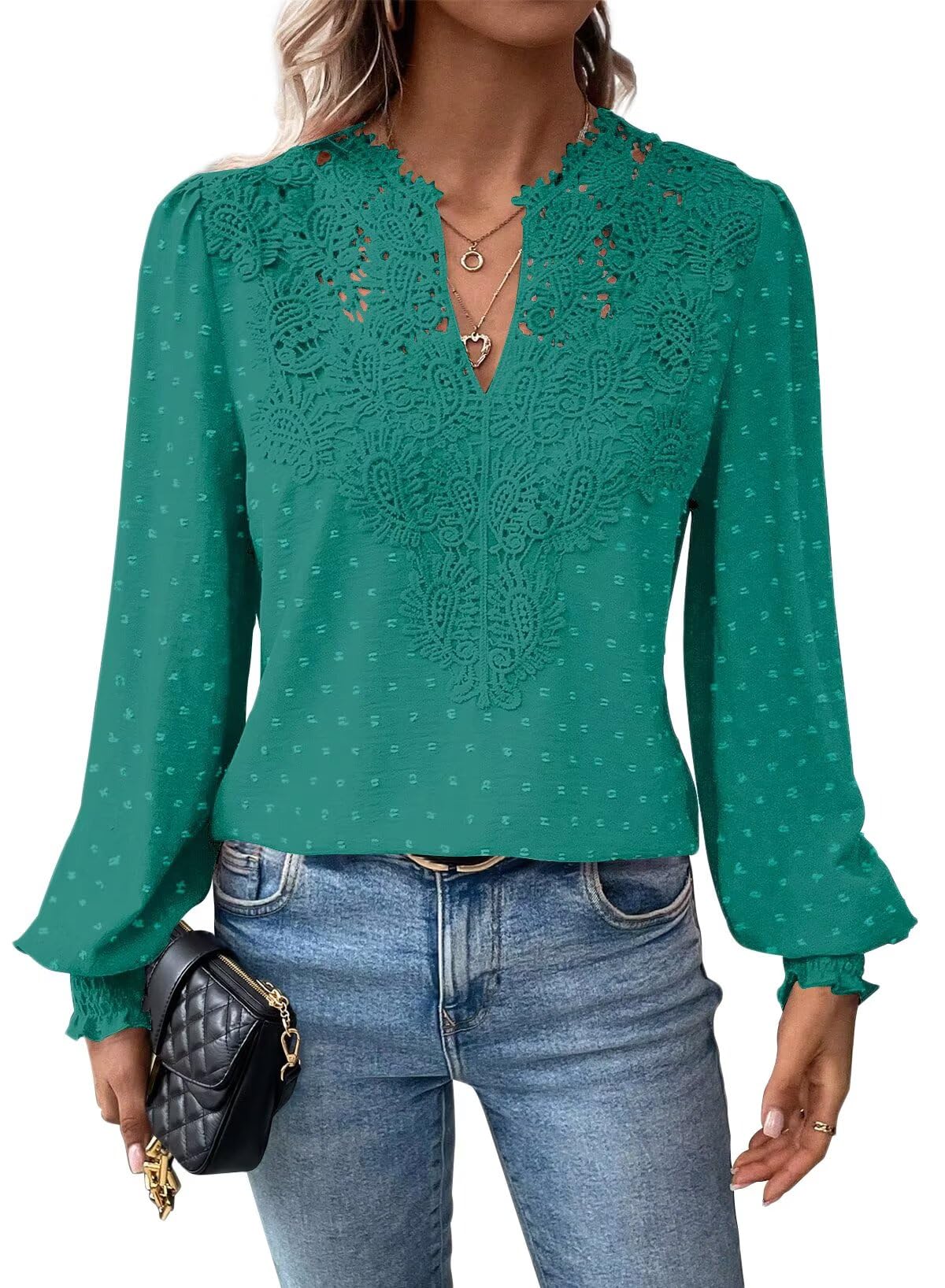 Falechay Womens Tops Swiss Dot Boho Long Sleeve Shirts V Neck Casual Chiffon Blouses Flowy Lace Hem Cute Clothing Trendy 2026