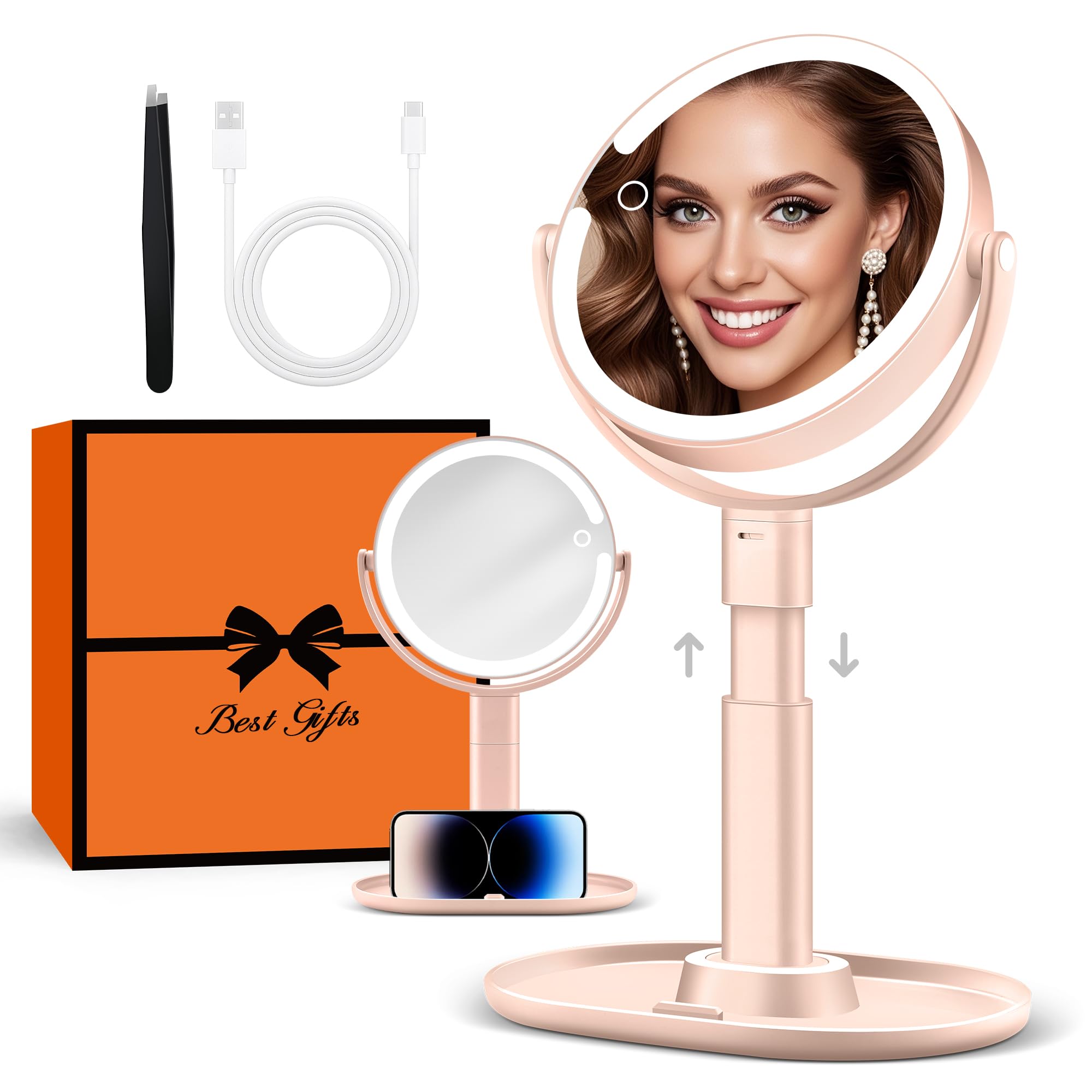 Miroir de maquillage lumineux sur pied, cadre rose pâle, double face