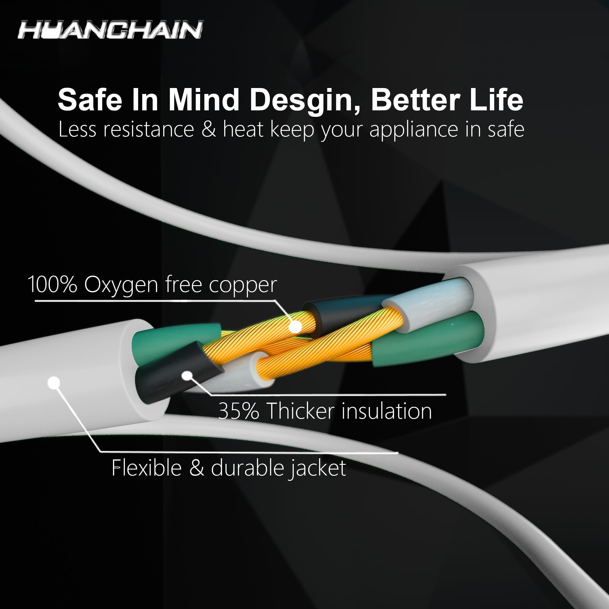 HUANCHAIN Indoor Outdoor Black Extension Cord 15 ft Waterproof, 16/3 Gauge Flexible Cold-Resistant Appliance Extension Cable Outside, 13A 1625W 16AWG SJTW, 3 Prong Electric Cord, ETL