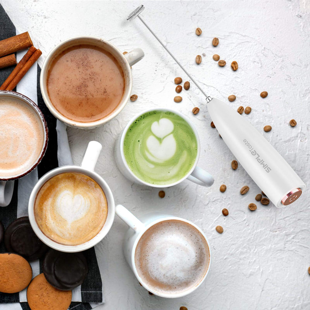 SIMPLETASTE Milk Frother Handheld Electric Foam Maker, Drink Mixer with Stainless Steel Whisk for Cappuccino, Bulletproof Coffee, Latte, Blizzard White, Without Stand, Battery Operated