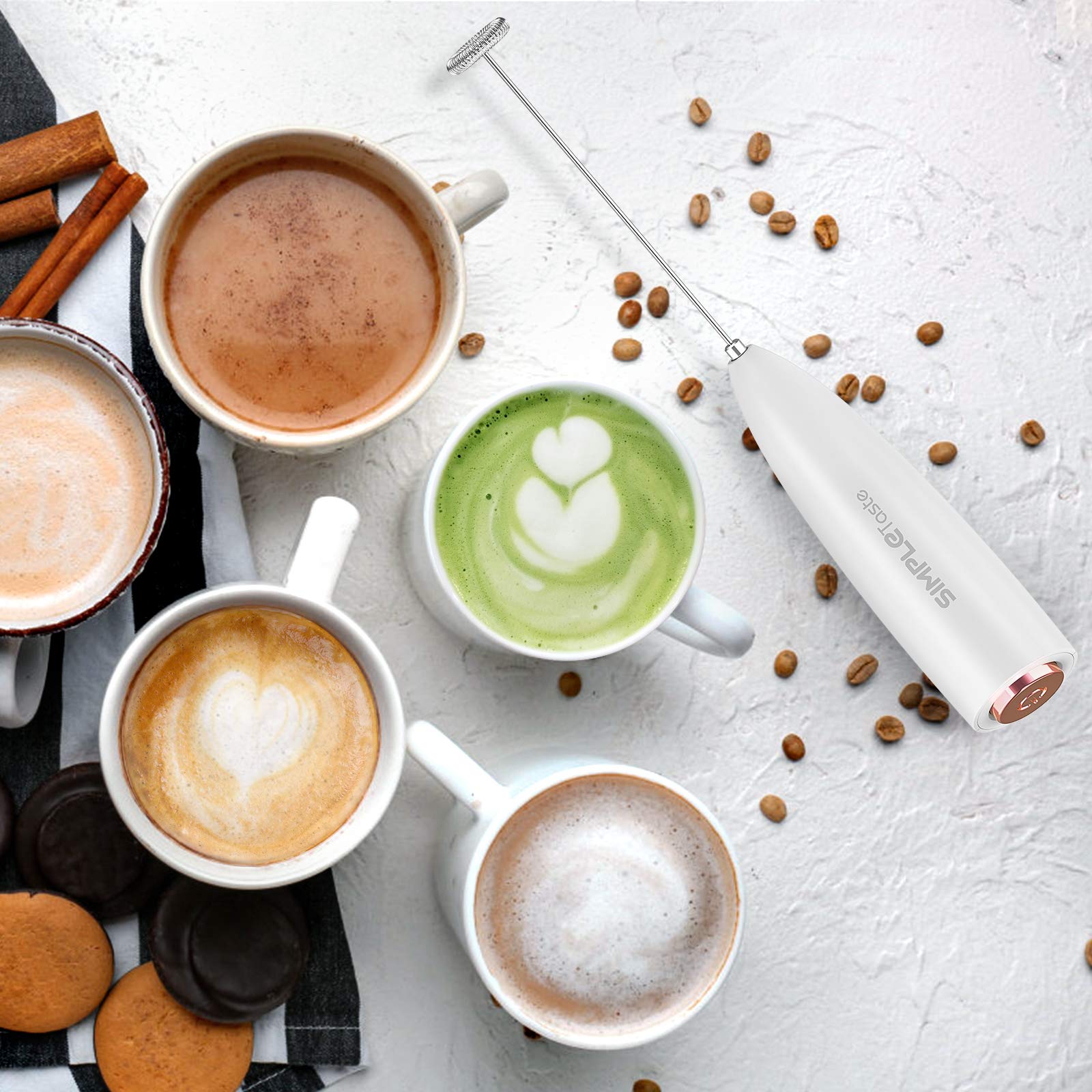 SIMPLETASTE Milk Frother Handheld Electric Foam Maker, Drink Mixer with Stainless Steel Whisk for Cappuccino, Bulletproof Coffee, Latte, Blizzard White, Without Stand, Battery Operated