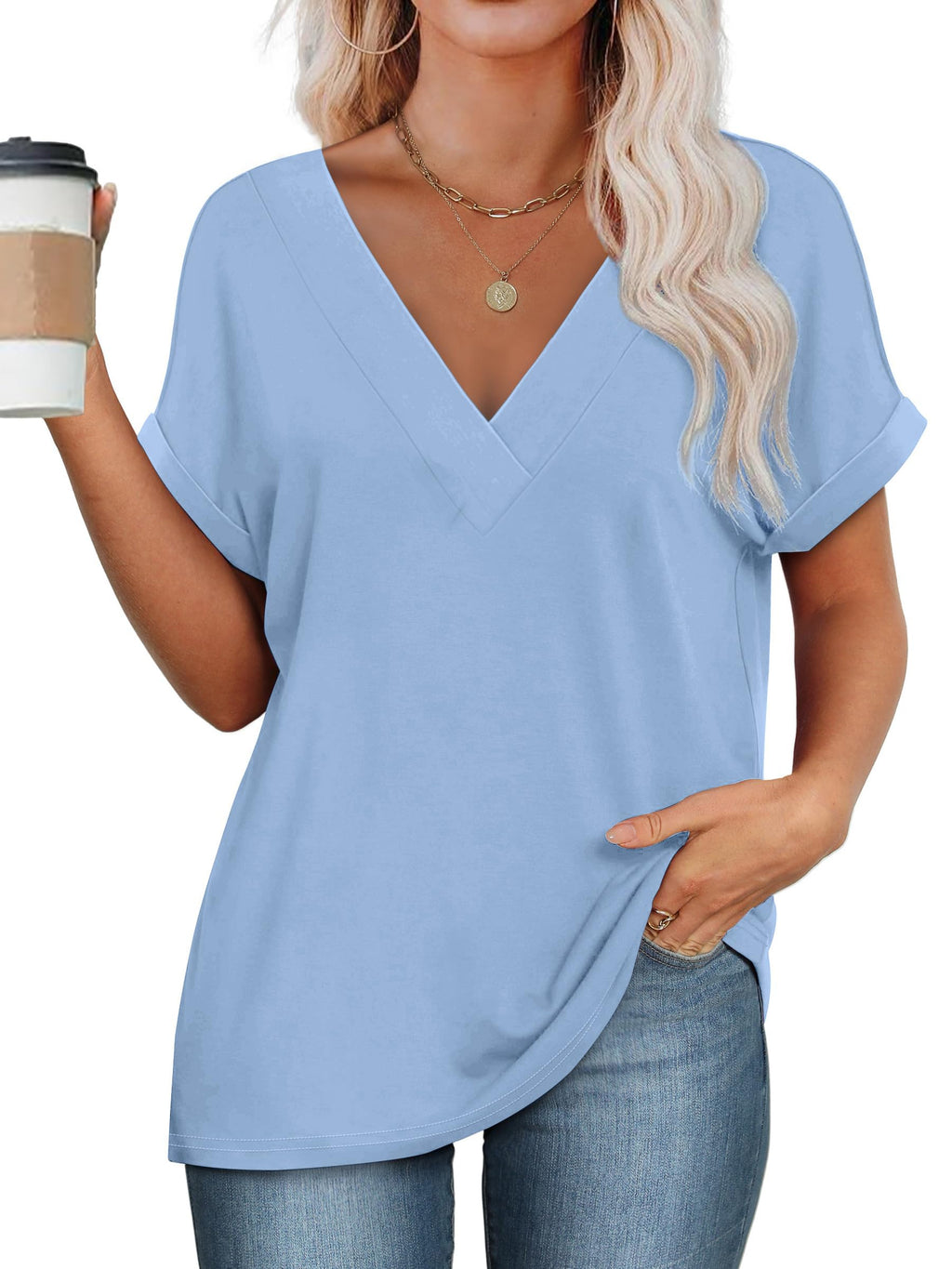 isermeo Womens T Shirts Short Sleeve V Neck Tees Fashion Tops 2026 Trendy Soft Casual Blouse Summer Outfits S-XXL