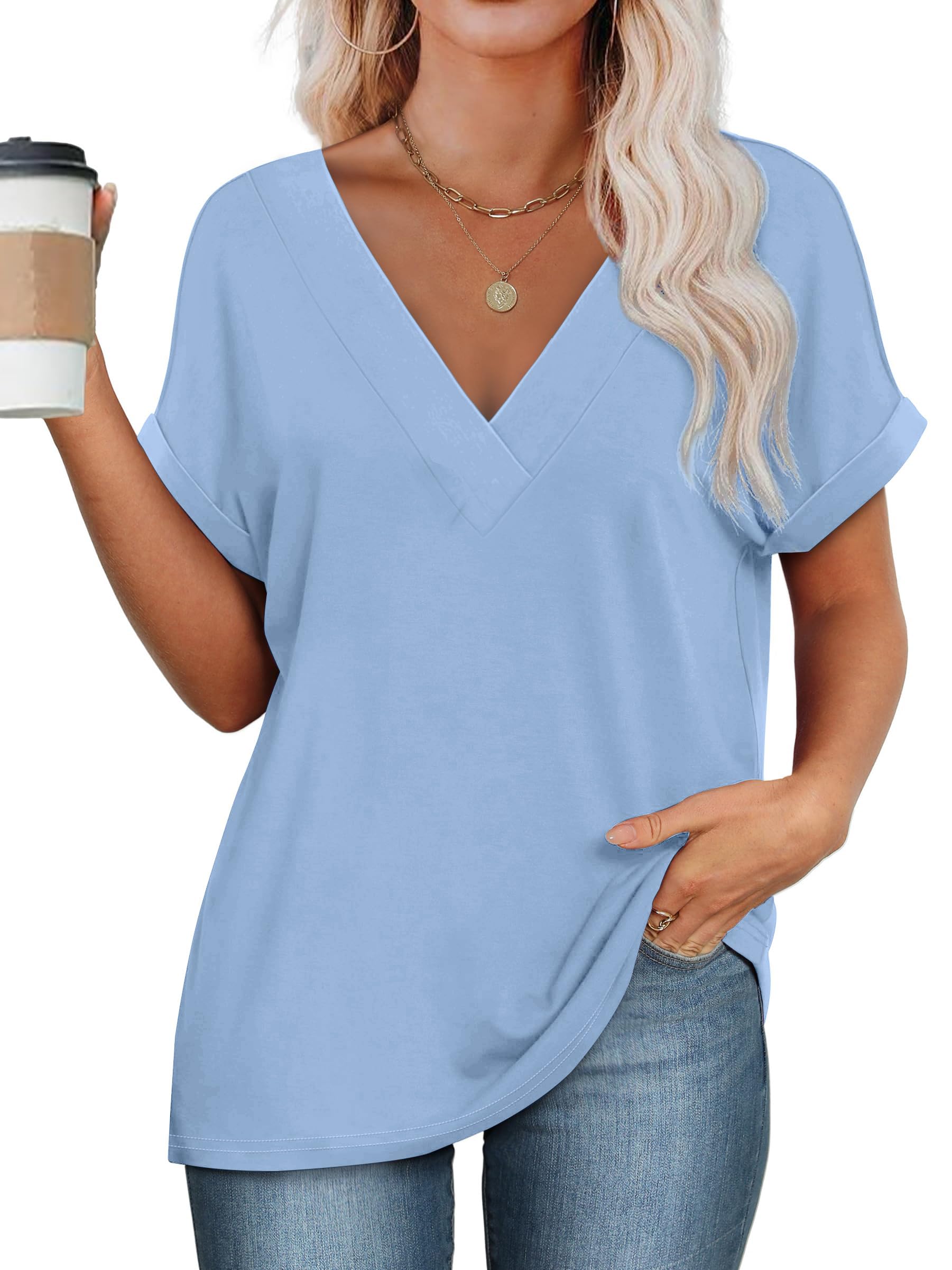 isermeo Womens T Shirts Short Sleeve V Neck Tees Fashion Tops 2026 Trendy Soft Casual Blouse Summer Outfits S-XXL