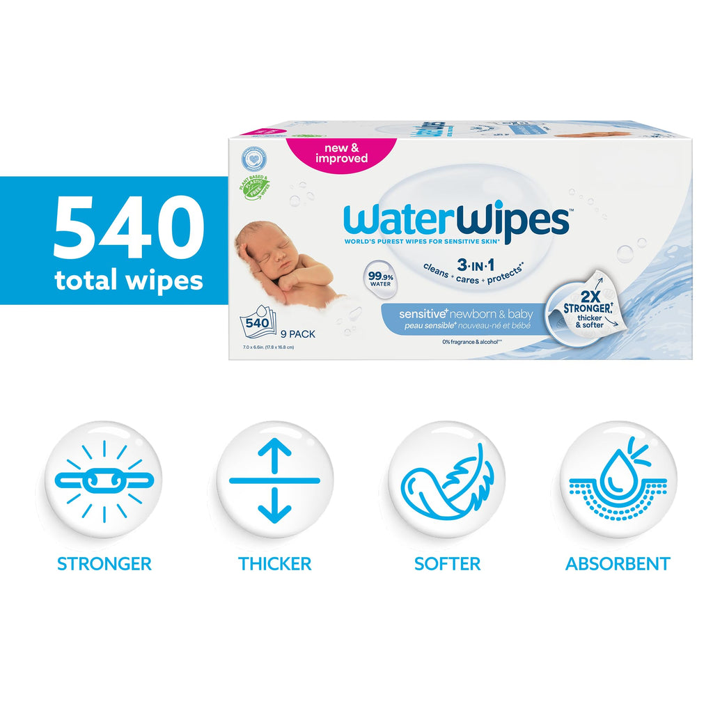 WaterWipes Sensitive+ Newborn & Baby Wipes, 3-In-1 Cleans, Cares, Protects, 99.9% Water, Unscented & Hypoallergenic, 720 Count (12 Packs)