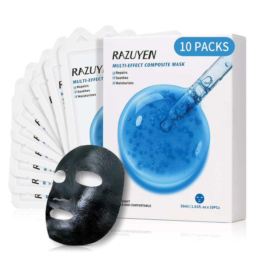 Boîte de 10 masques en tissu, masque noir et masque bleu translucide avec gouttes.