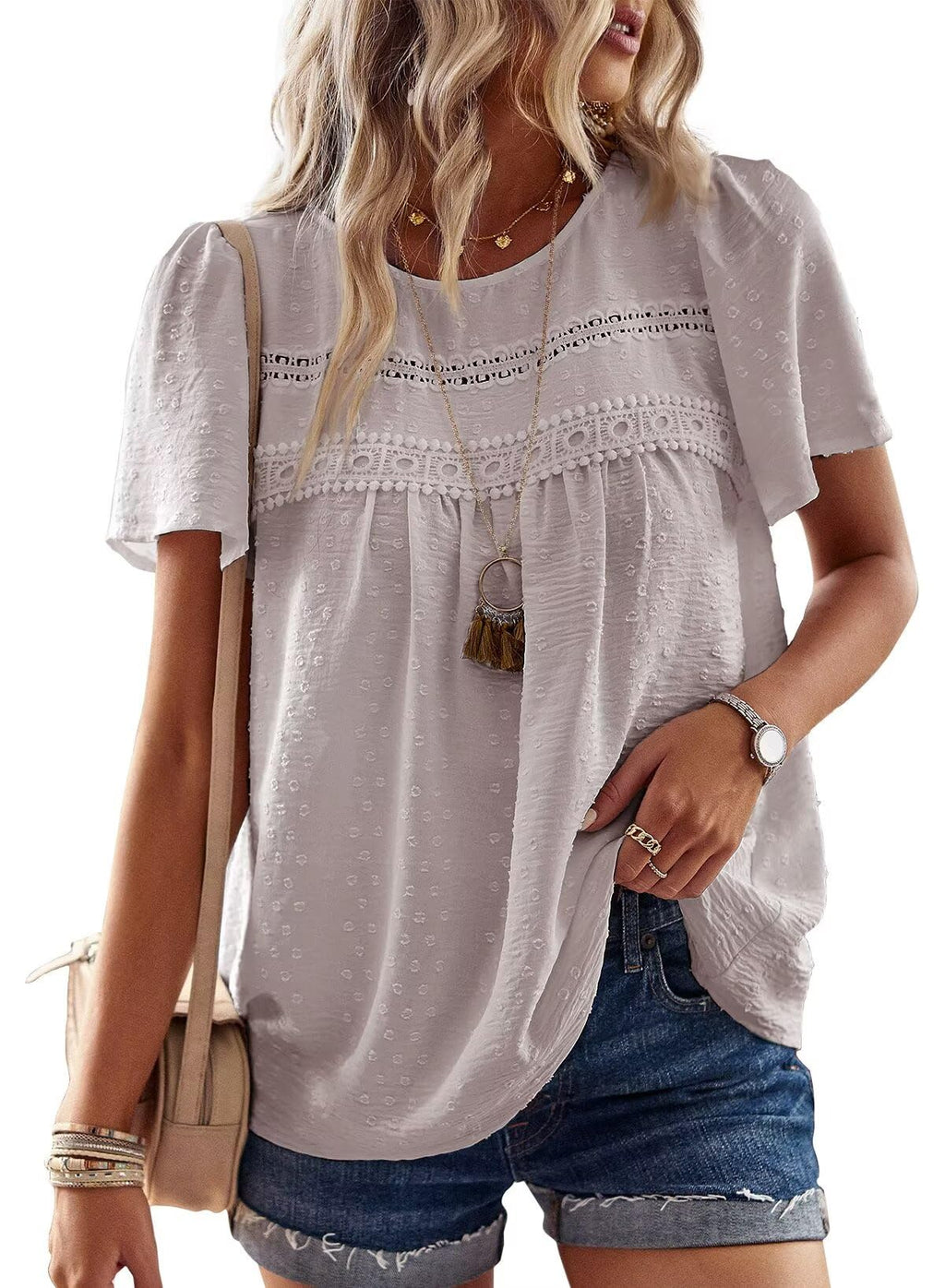Falechay Womens Summer Tops Crewneck Short Sleeve Shirts Casual Chiffon Blouses Flowy Lace Hem Boho Clothing Trendy 2026