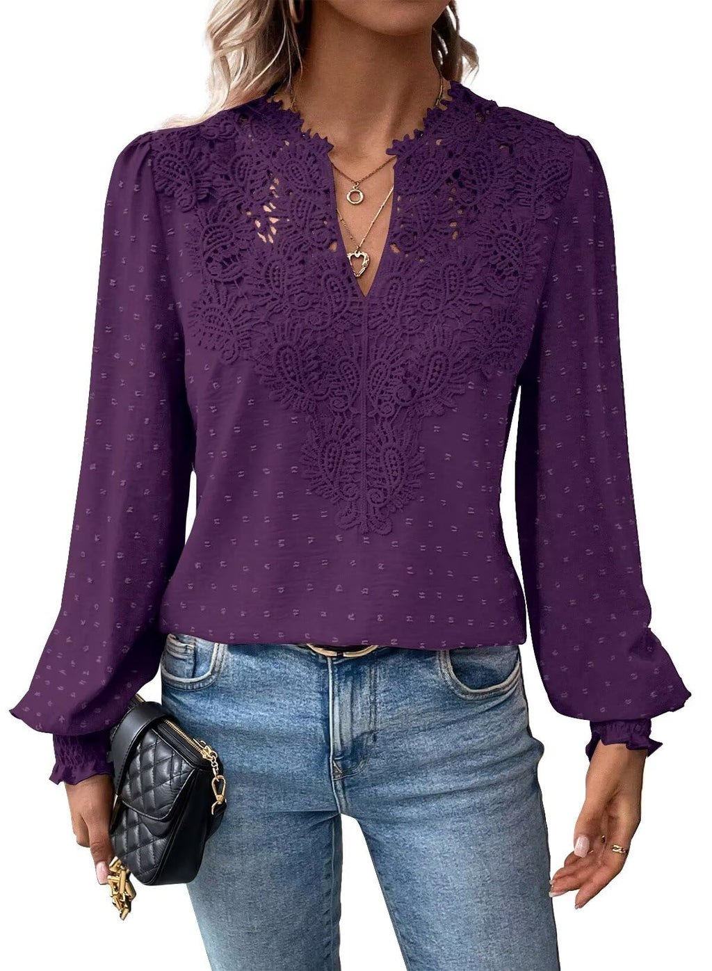 Falechay Womens Tops Swiss Dot Boho Long Sleeve Shirts V Neck Casual Chiffon Blouses Flowy Lace Hem Cute Clothing Trendy 2026