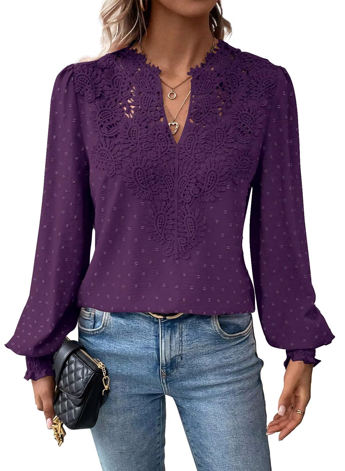 Falechay Womens Tops Swiss Dot Boho Long Sleeve Shirts V Neck Casual Chiffon Blouses Flowy Lace Hem Cute Clothing Trendy 2026