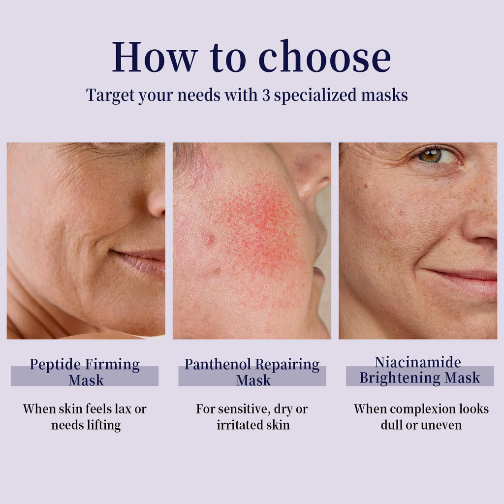 Trio de masques pour le visage, gros plans de peau et effet sur le teint