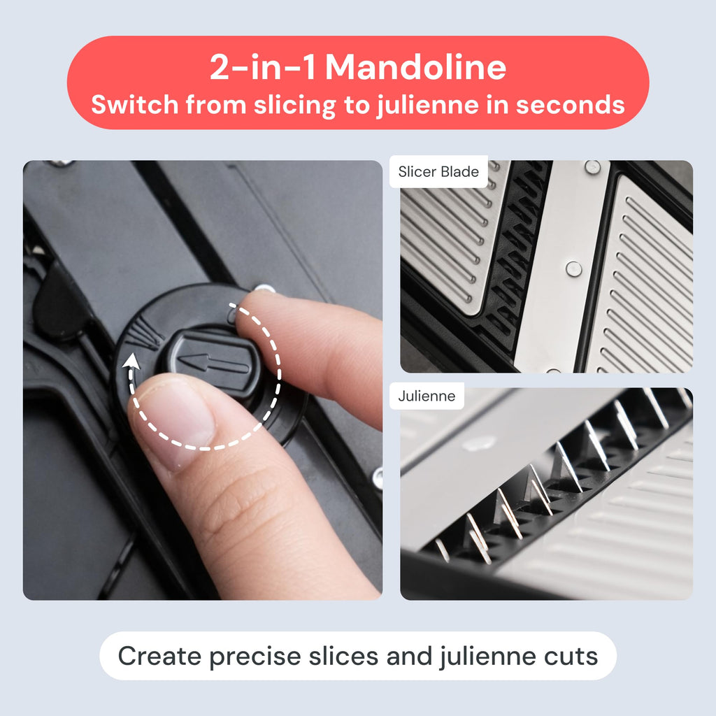 Fullstar 2 in 1 Stainless Steel Mandoline - Adjustable Thickness (1-4mm) - Vegetable Slicer with Julienne Blade for Potatoes, Fruits, Vegetables and Cheese, Food Prep Cutter for Easy Meal Prep
