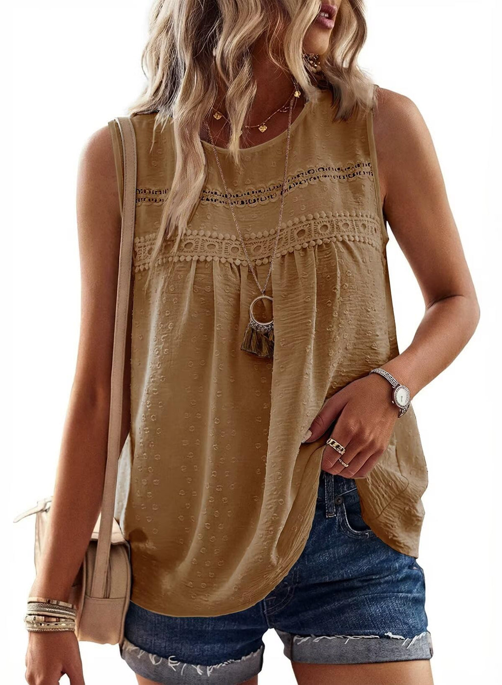 Falechay Womens Summer Tops Boho Shirts Crewneck Sleeveless Tank Tops Flowy Lace Hem Casual Blouses Clothing Trendy 2026
