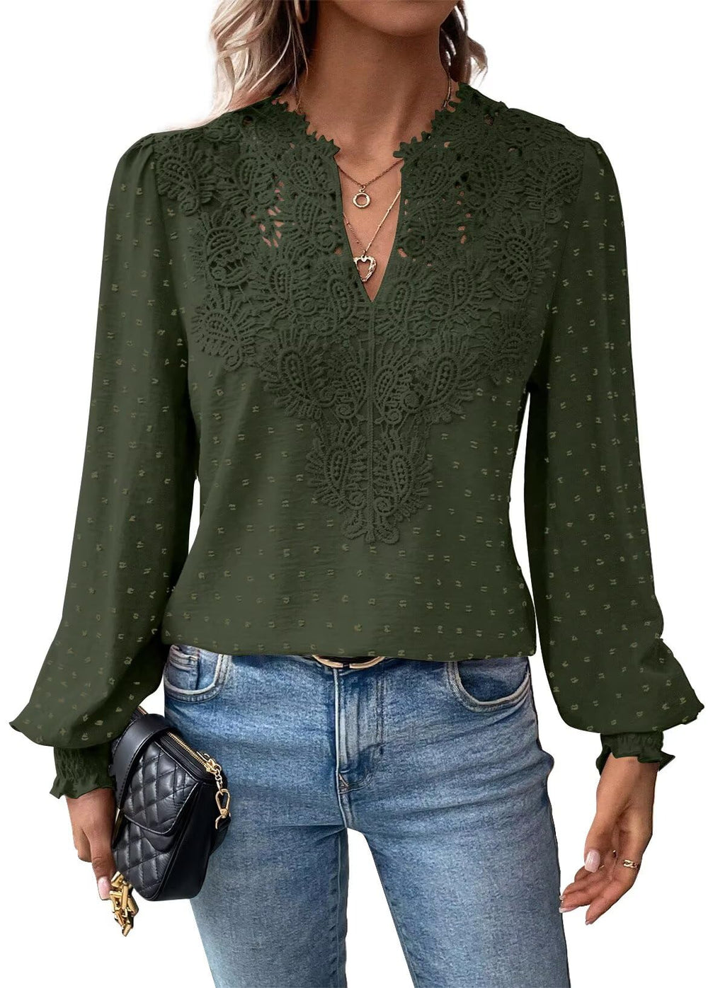 Falechay Womens Tops Swiss Dot Boho Long Sleeve Shirts V Neck Casual Chiffon Blouses Flowy Lace Hem Cute Clothing Trendy 2026