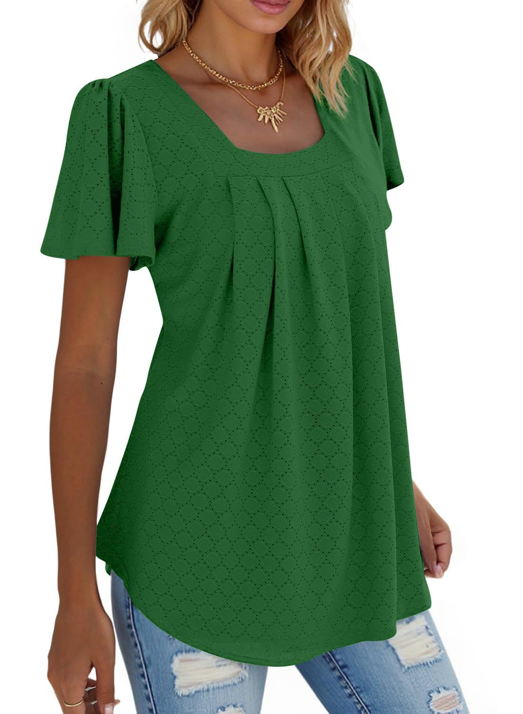 isermeo Summer Tops for Women Pleated Square Neck Ruffle Sleeve Shirts Casual Loose Flowy Curved Hem Tunic S-XXL