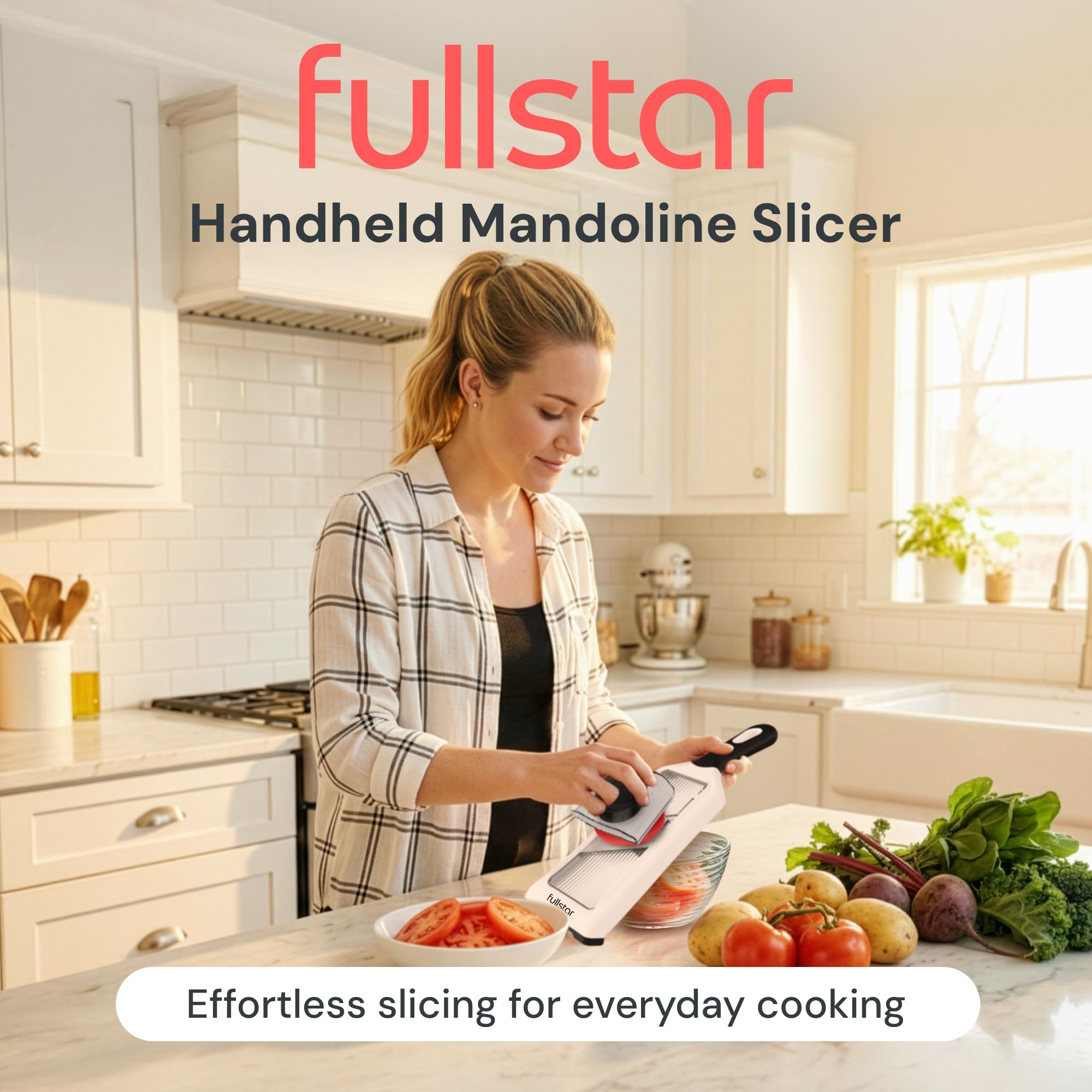Fullstar 2-in-1 Handheld Mandoline Vegetable Slicer for Kitchen - 4 Thickness Settings - Easy to Use Veggie Slicer & Julienne Cutter - Sharp Blades with Stainless Steel Guard (Handheld 2-in-1, White)
