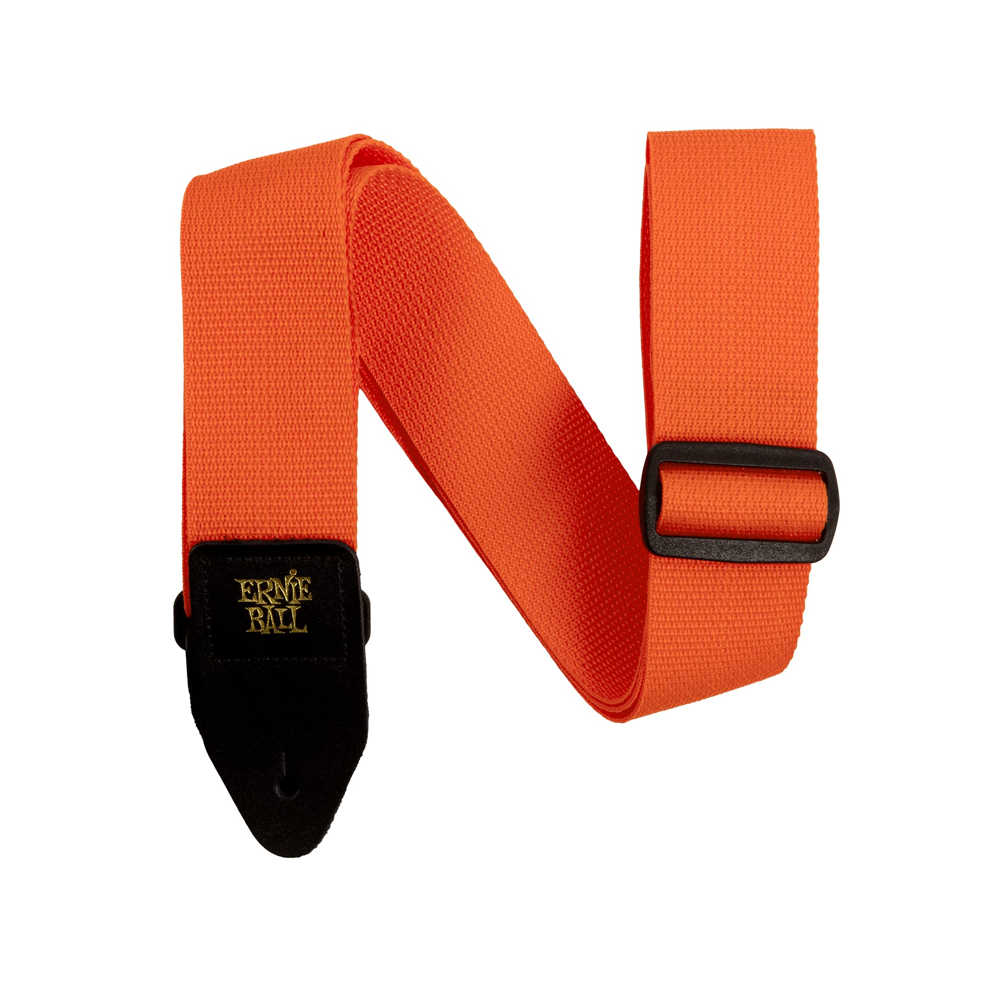 Sangle de guitare Ernie Ball en polypro orange, extrémité noire et boucle réglable.