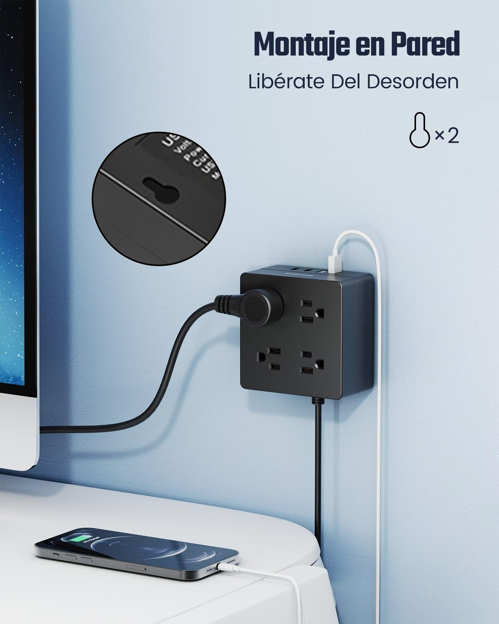 Surge Protector Power Bar, SUPERDANNY 6 Ft Extension Cord with 8 Outlets & 4USB Ports (2 USB 2 C), Mountable Flat Plug Power Strip, Surge Protection for Home, Office, Dorm