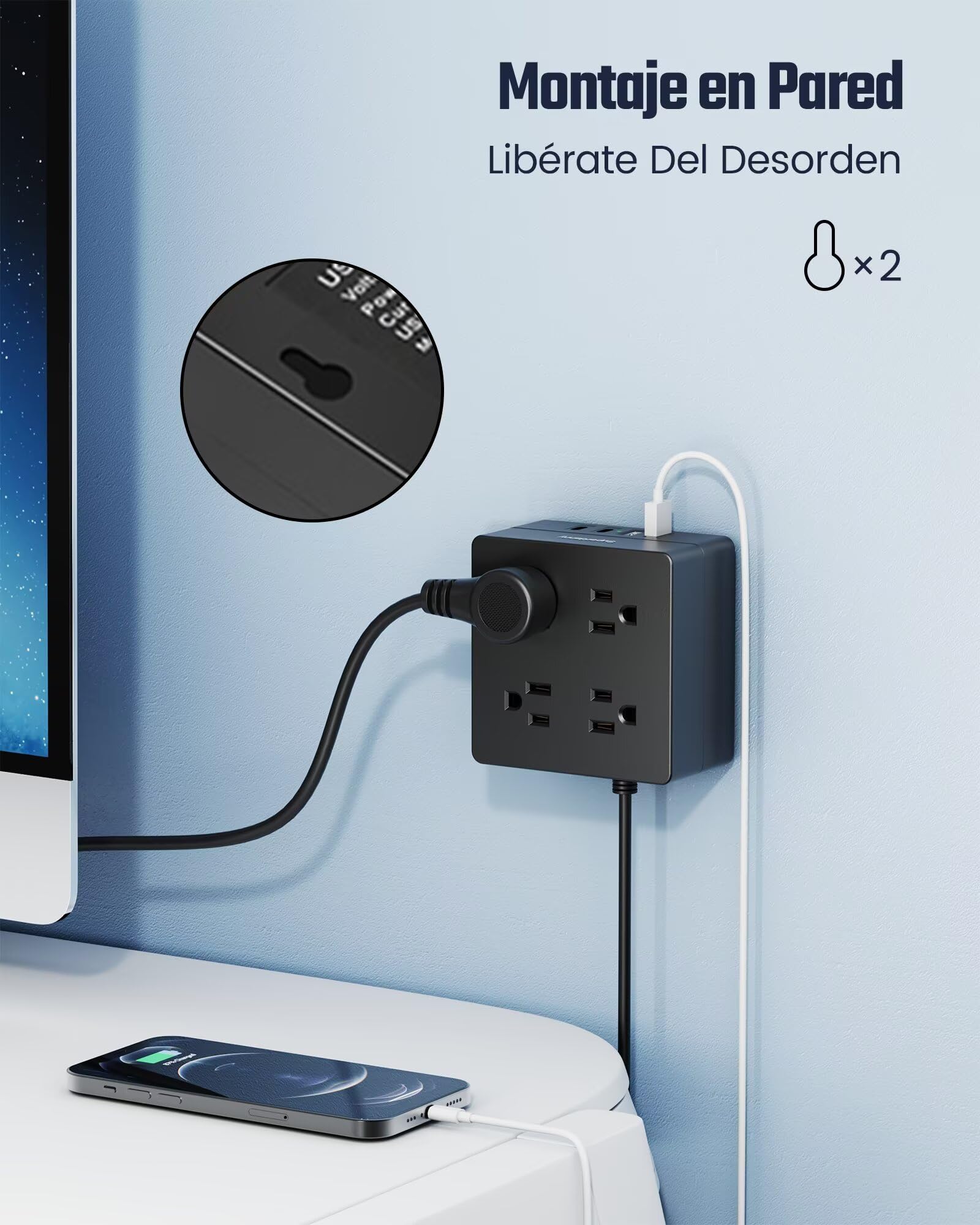 Surge Protector Power Bar, SUPERDANNY 6 Ft Extension Cord with 8 Outlets & 4USB Ports (2 USB 2 C), Mountable Flat Plug Power Strip, Surge Protection for Home, Office, Dorm