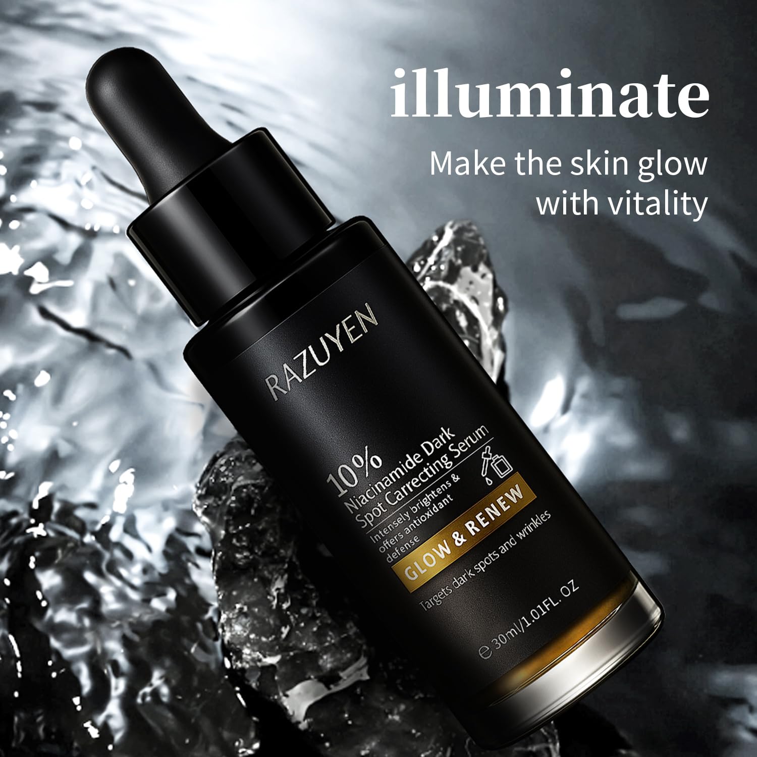 Flacon noir de sérum RAZUYEN au niacinamide 10% avec pipette doseuse.