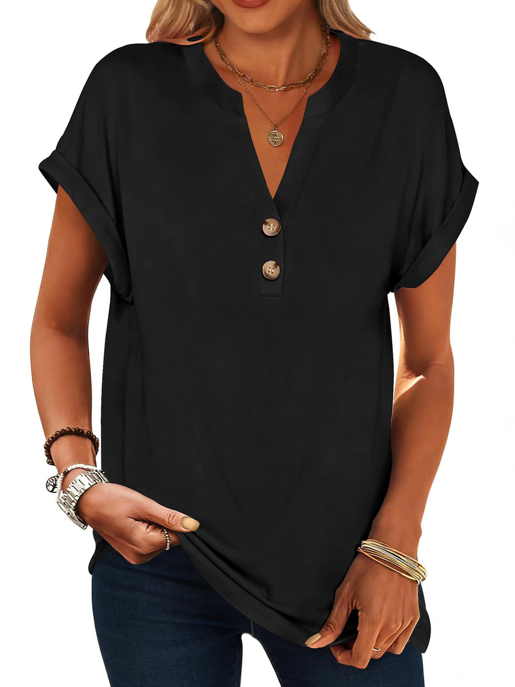 isermeo Womens Short Sleeve Henley Tops V Neck Dressy Casual Blouses Summer Tee Shirts 2026 Trendy Button Clothes S-XXL