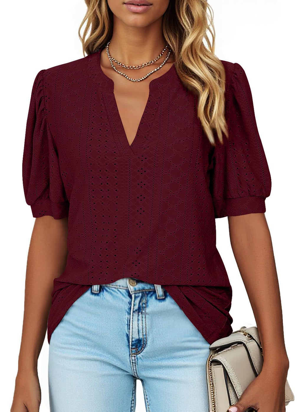 isermeo Womens Shirts Casual V Neck Tshirts Puff Short Sleeve Summer Tops Tunic Blouses S-XXL
