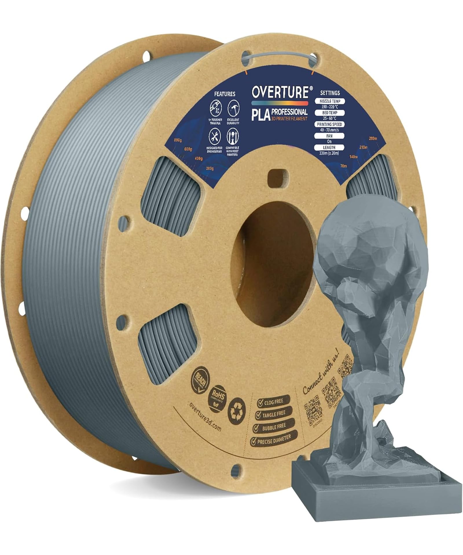 Bobine de filament Super PLA+ bleu clair avec petite pièce imprimée et sachet gris