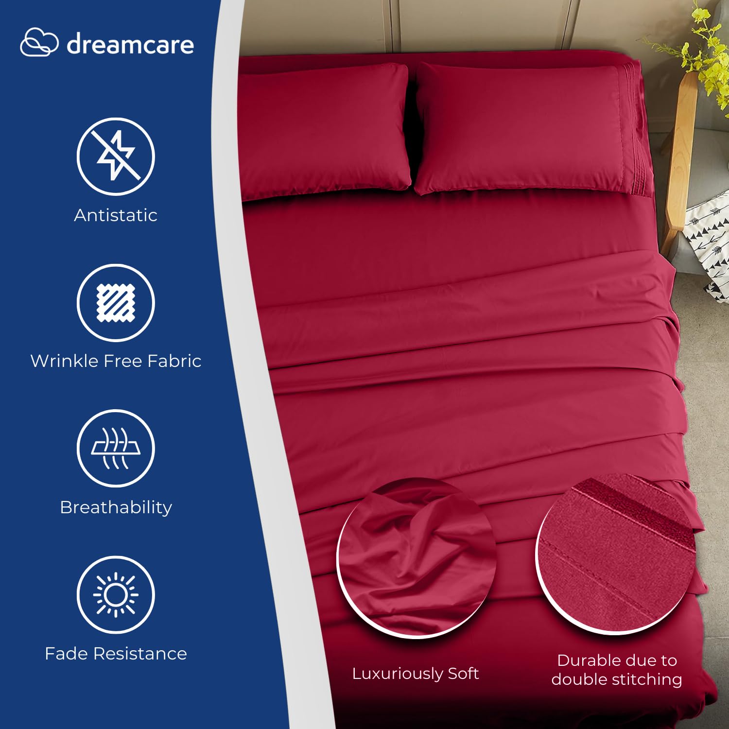 DREAMCARE Bedding Sets Queen - 4 Piece Queen Bed Sheets - Deep Pocket up to 15 in - Draps Lit Queen - Luxury Hotel Sheets & Pillowcases Set - Shrink & Fade Resistant (Queen, Black)