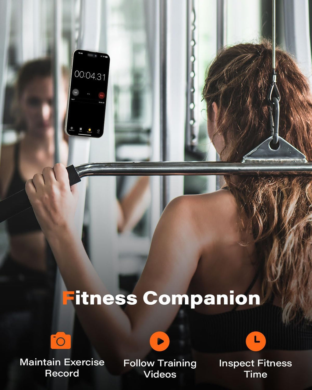 Support de téléphone MagSafe sur barre d’entraînement, sangle noire et anneau orange.
