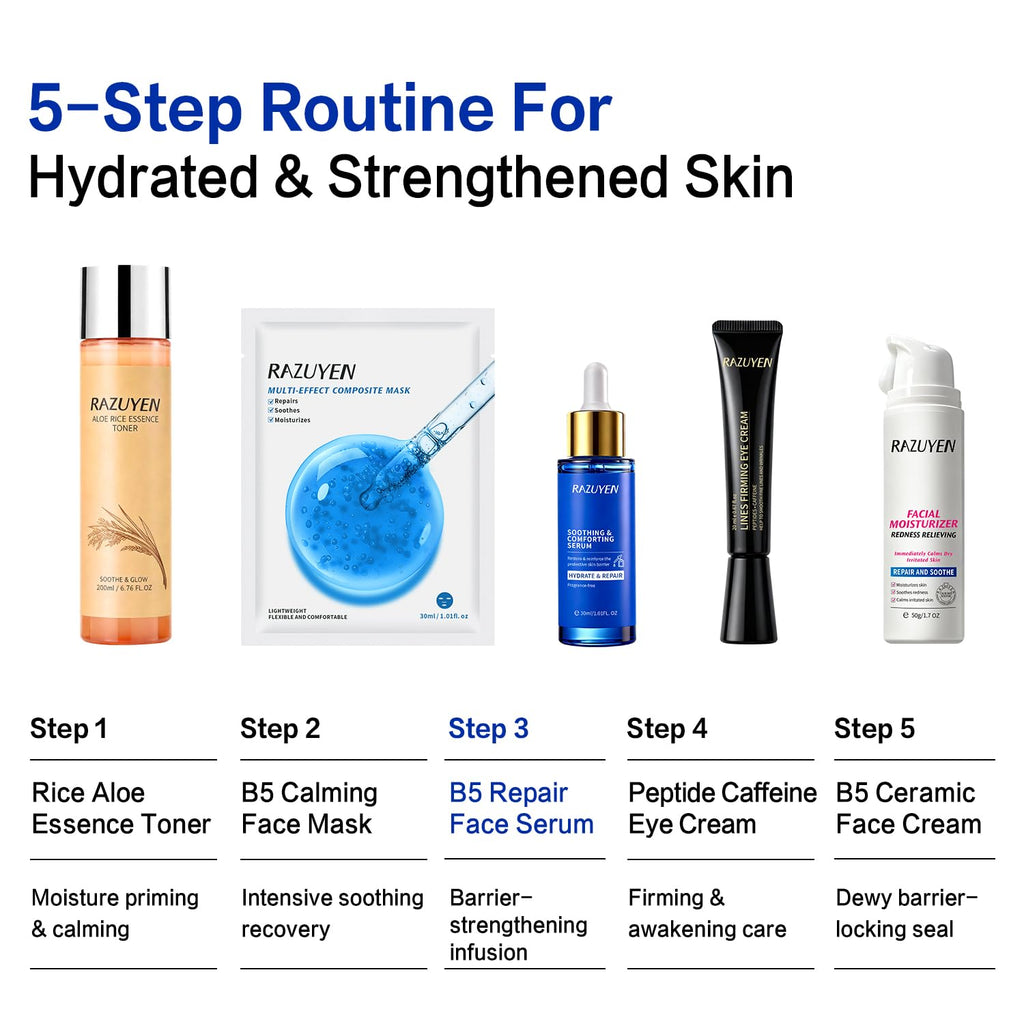 Routine pour le visage avec plusieurs flacons et une crème, dont RAZUYEN