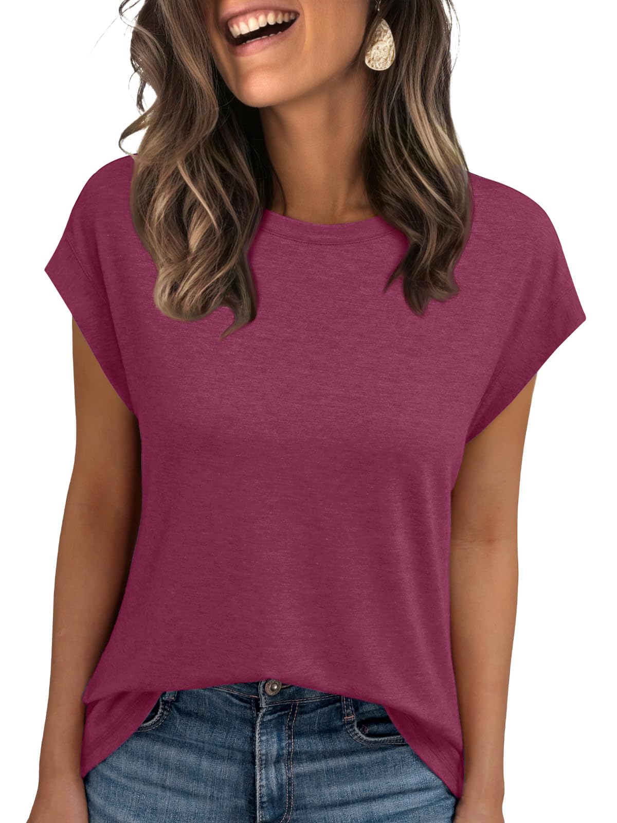 isermeo Womens Summer Tops Cap Sleeve T Shirts Crew Neck Outfits Cute Trendy Tunic Blouses 2026 S-XXL