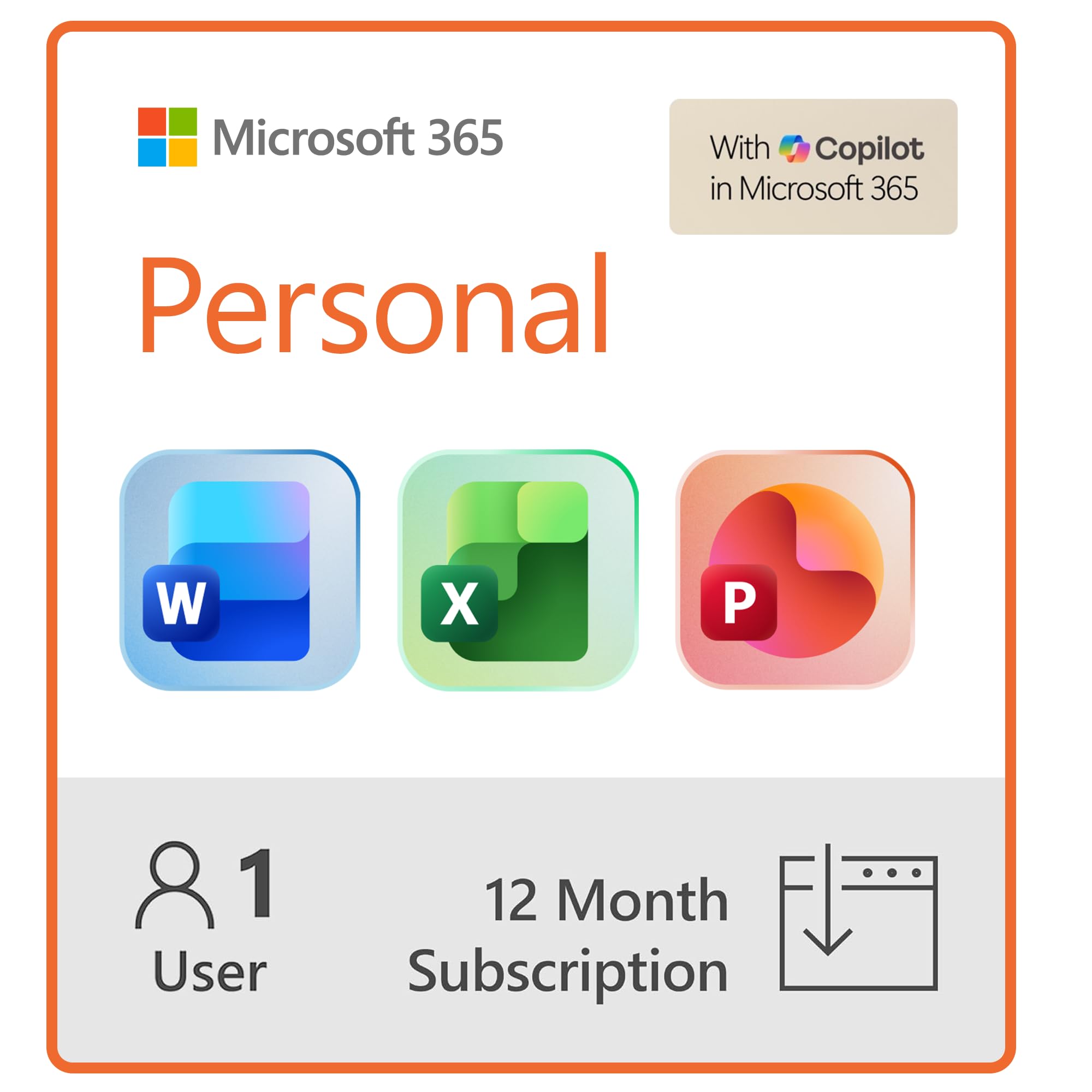 Carte d’abonnement Microsoft 365 Personal, 1 utilisateur, abonnement 12 mois, icônes Word Excel