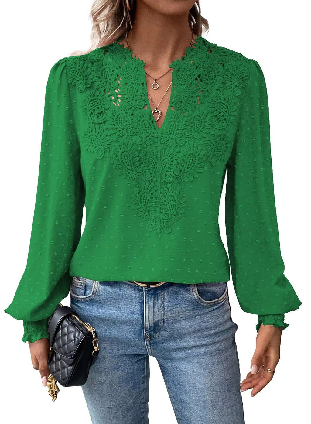 Falechay Womens Tops Swiss Dot Boho Long Sleeve Shirts V Neck Casual Chiffon Blouses Flowy Lace Hem Cute Clothing Trendy 2026