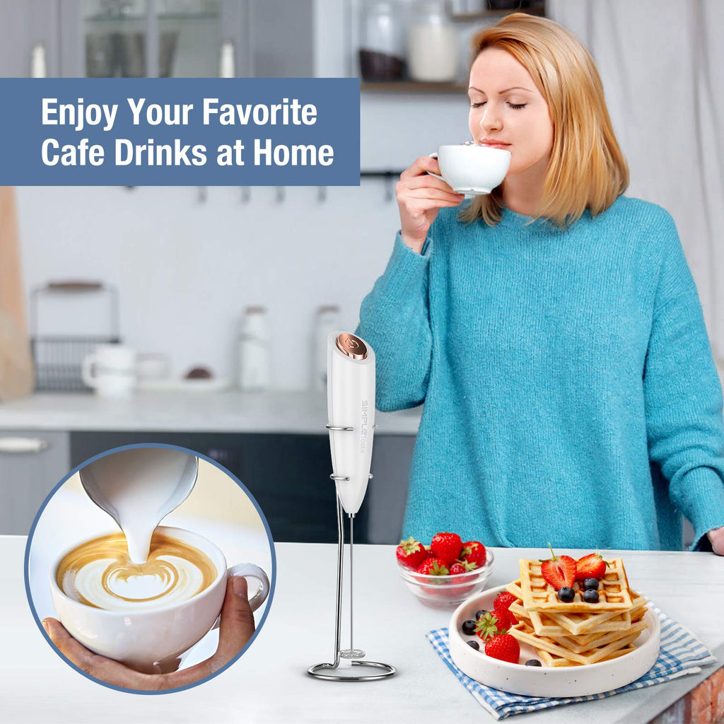 SIMPLETASTE Milk Frother Handheld Electric Foam Maker, Drink Mixer with Stainless Steel Whisk for Cappuccino, Bulletproof Coffee, Latte, Blizzard White, Without Stand, Battery Operated