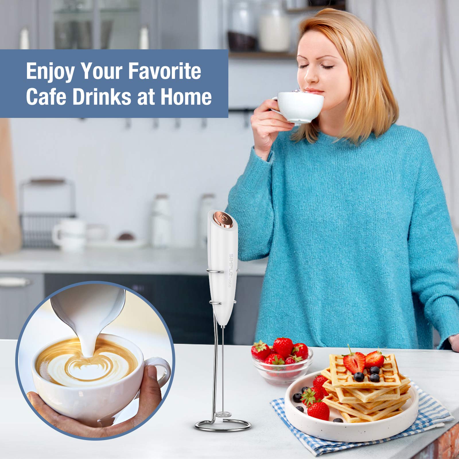 SIMPLETASTE Milk Frother Handheld Electric Foam Maker, Drink Mixer with Stainless Steel Whisk for Cappuccino, Bulletproof Coffee, Latte, Blizzard White, Without Stand, Battery Operated