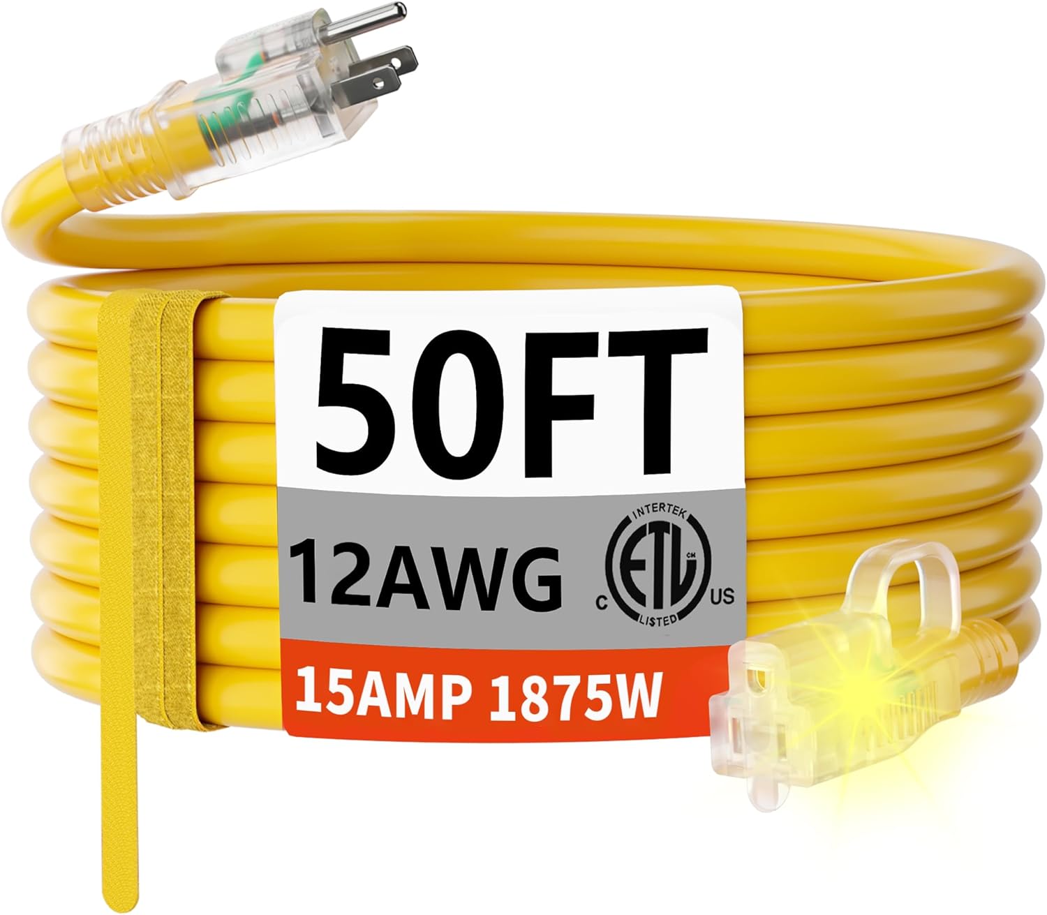 HUANCHAIN 12/3 Gauge Heavy Duty Outdoor Extension Cord 50 ft Waterproof with Lighted end, Flexible Cold-Resistant 3 Prong Electric Cord Outside, 15Amp 1875W 12AWG SJTW, Yellow, ETL