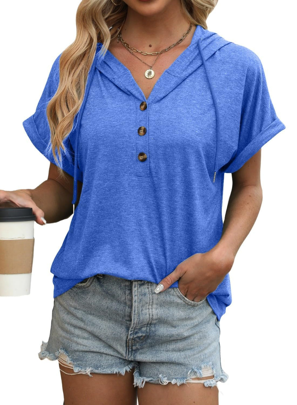 isermeo Womens Oversized Short Rolled Sleeve Summer Hoodie T Shirt 2024 Trendy Henley Button Tshirts S-XXL