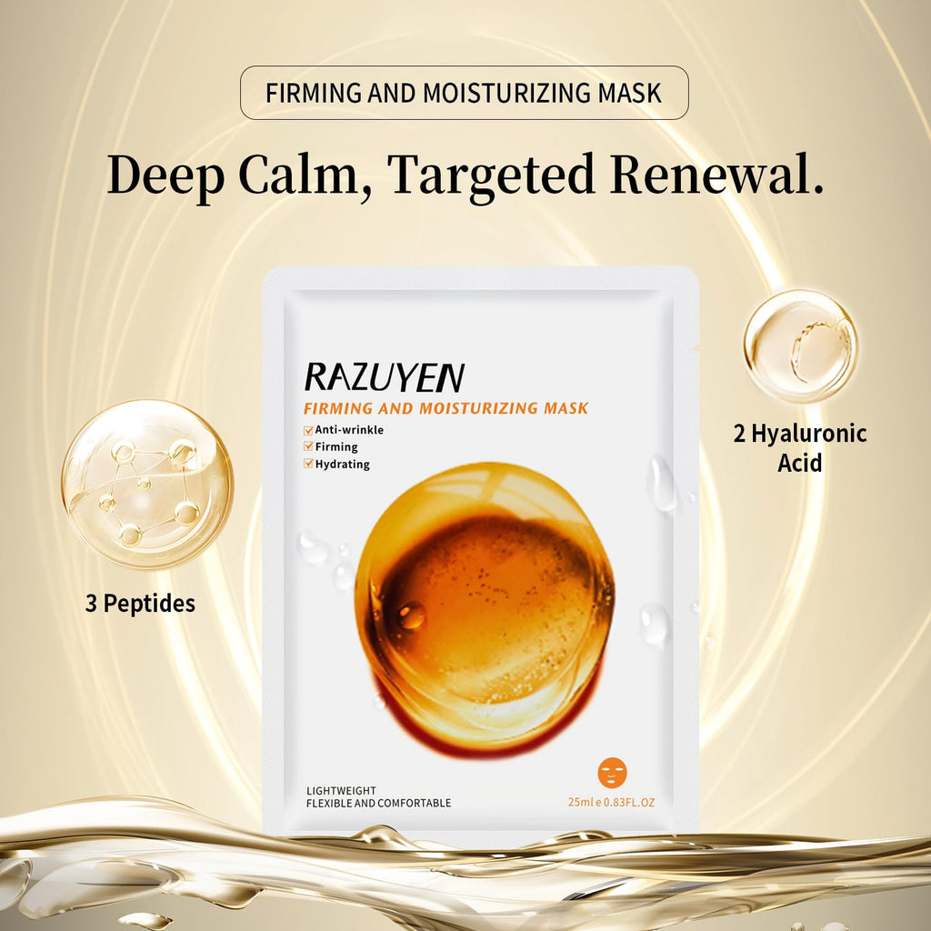 Masque facial RAZUYEN fermeté et hydratation, sachet blanc au sérum doré.