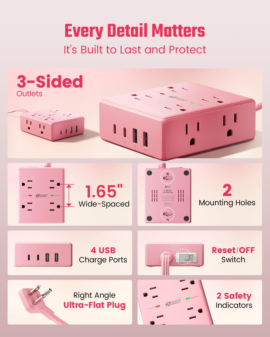 Surge Protector Power Bar, SUPERDANNY 6 Ft Extension Cord with 8 Outlets & 4USB Ports (2 USB 2 C), Mountable Flat Plug Power Strip, Surge Protection for Home, Office, Dorm