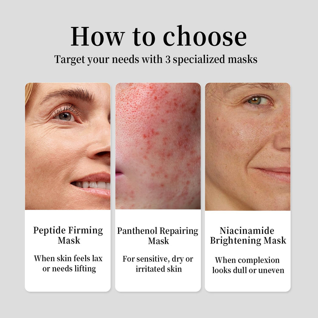 Trois masques faciaux RAZUYEN : peptides, panthénol, niacinamide.