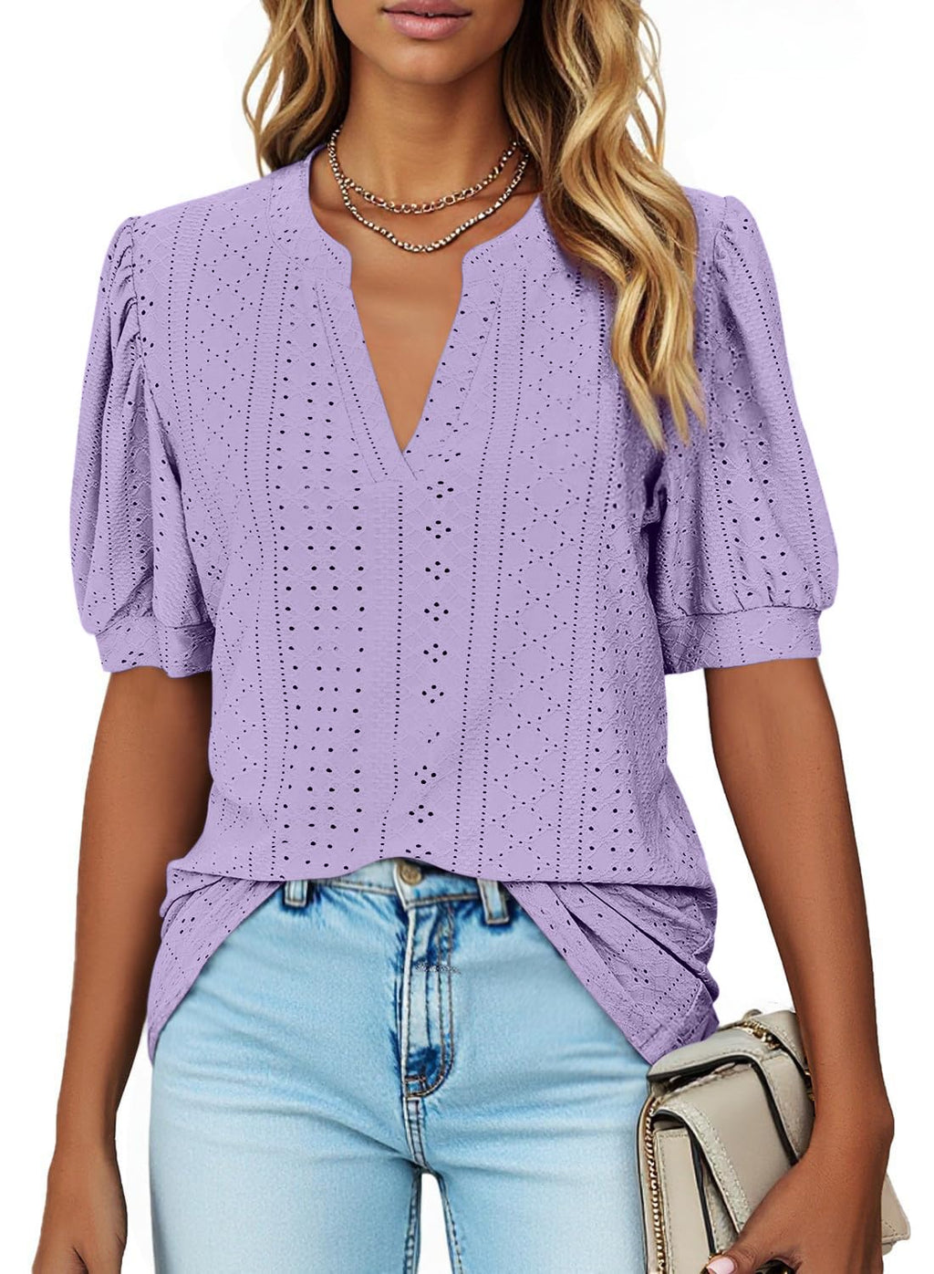 isermeo Womens Shirts Casual V Neck Tshirts Puff Short Sleeve Summer Tops Tunic Blouses S-XXL