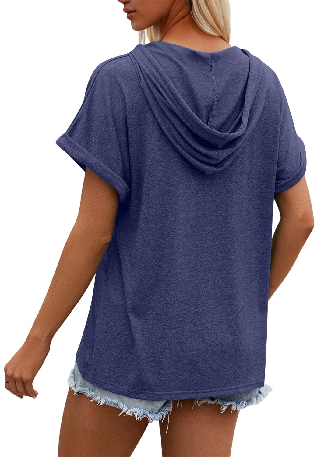 isermeo Womens Oversized Short Rolled Sleeve Summer Hoodie T Shirt 2024 Trendy Henley Button Tshirts S-XXL