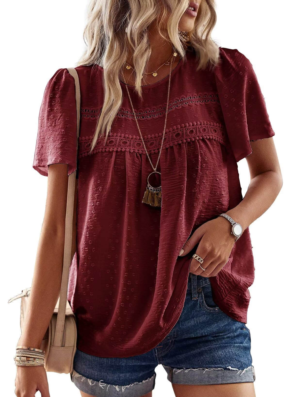 Falechay Womens Summer Tops Crewneck Short Sleeve Shirts Casual Chiffon Blouses Flowy Lace Hem Boho Clothing Trendy 2026